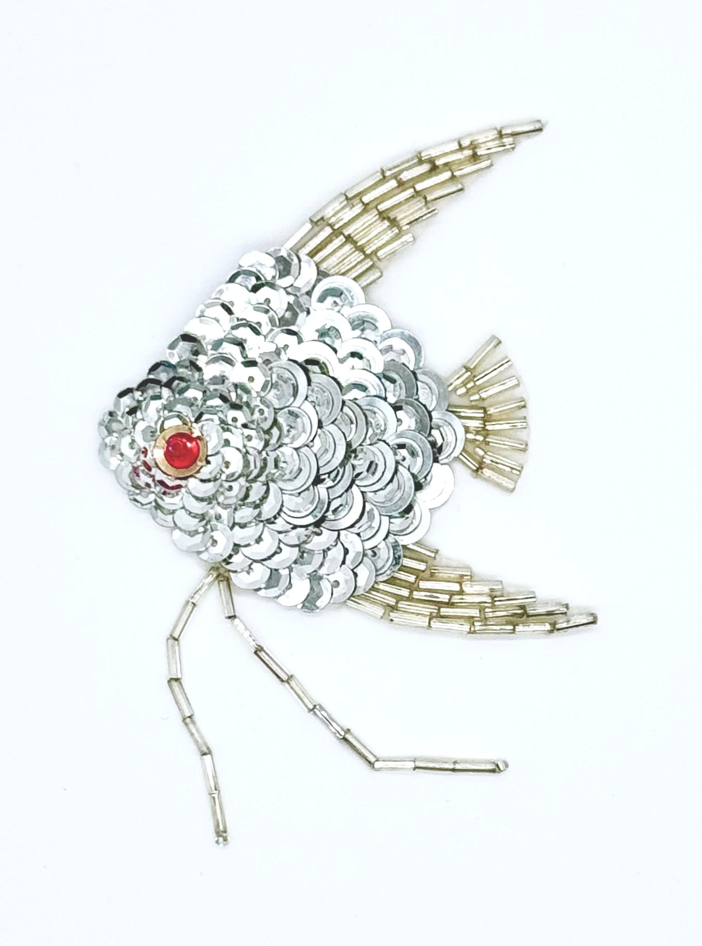 Fish Appliqué - Silver Sequins/Beads - Red Beaded Eye 3" x 3"