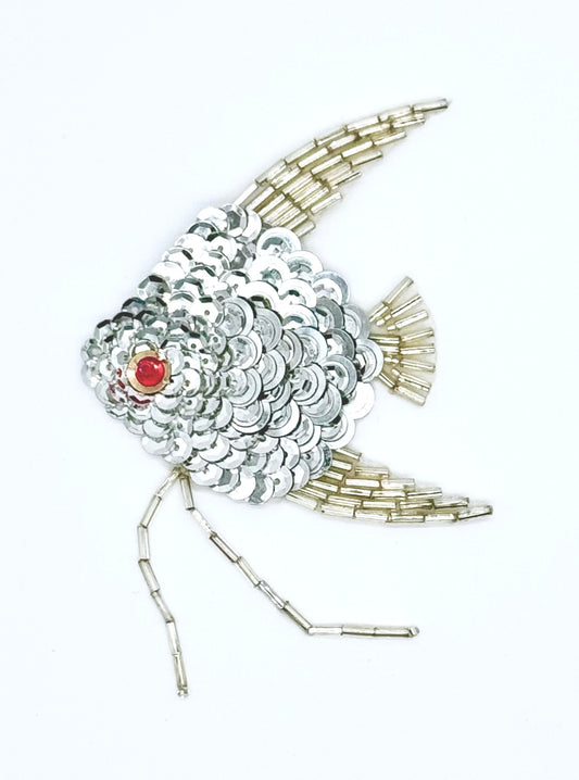 Fish Appliqué - Silver Sequins/Beads - Red Beaded Eye 3" x 3"