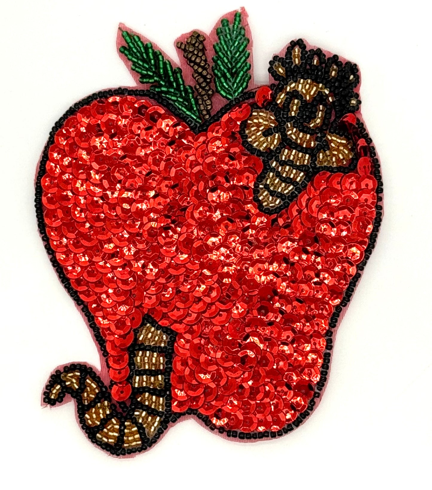 Apple with Worm Appliqué - Red Sequins - Multicolored Glass Beads   5.25" x 4.5"