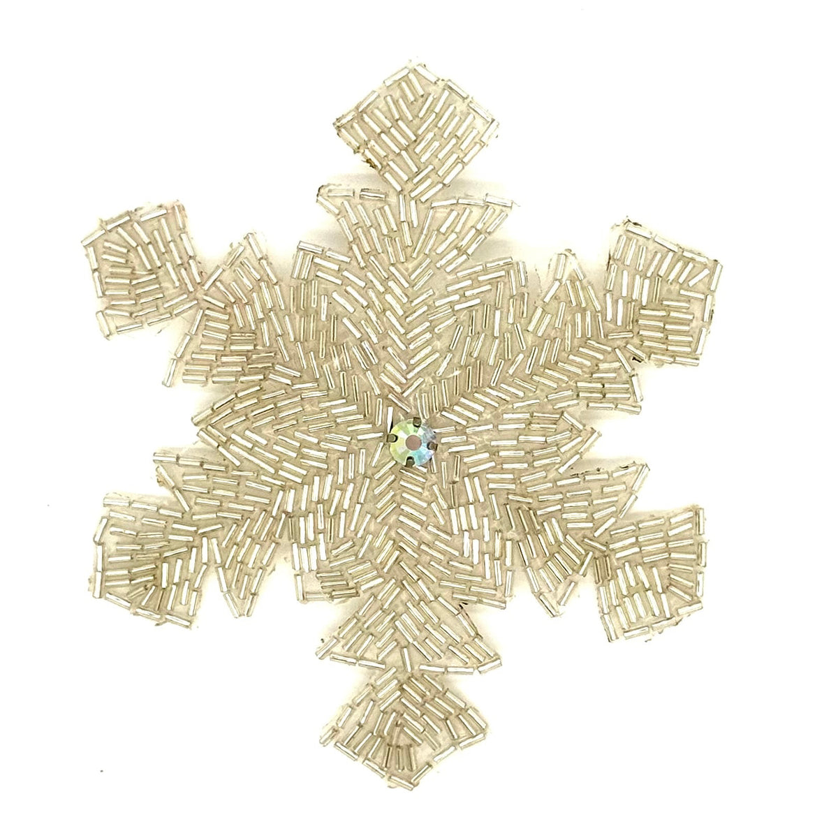Silver Bugle Bead Snowflake Appliqué with Center Rhinestone, 5" x 4.5"