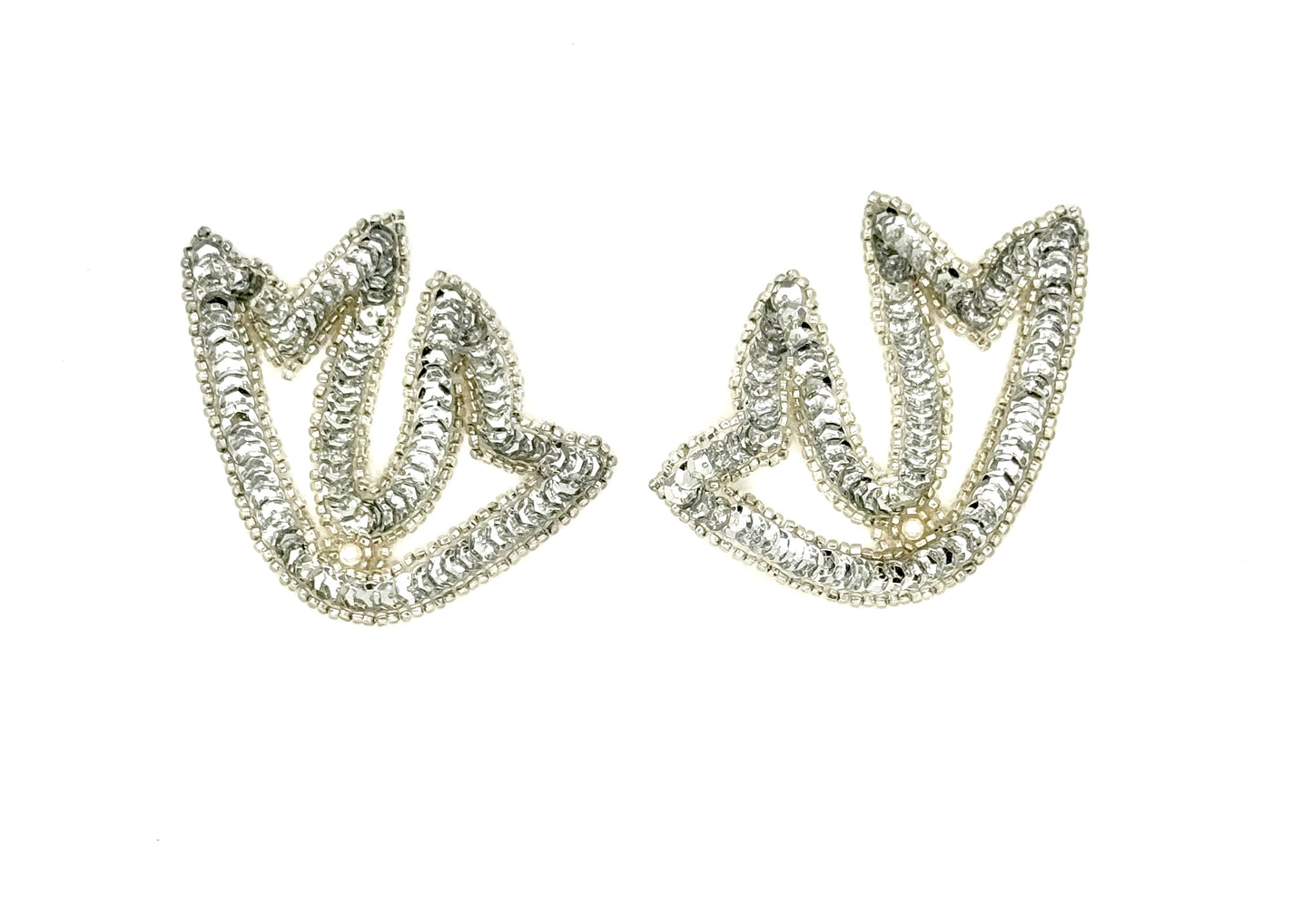 Designer Motif Pair or Singles with Silver Sequins and Beads and Pearl 3.5" x 3"
