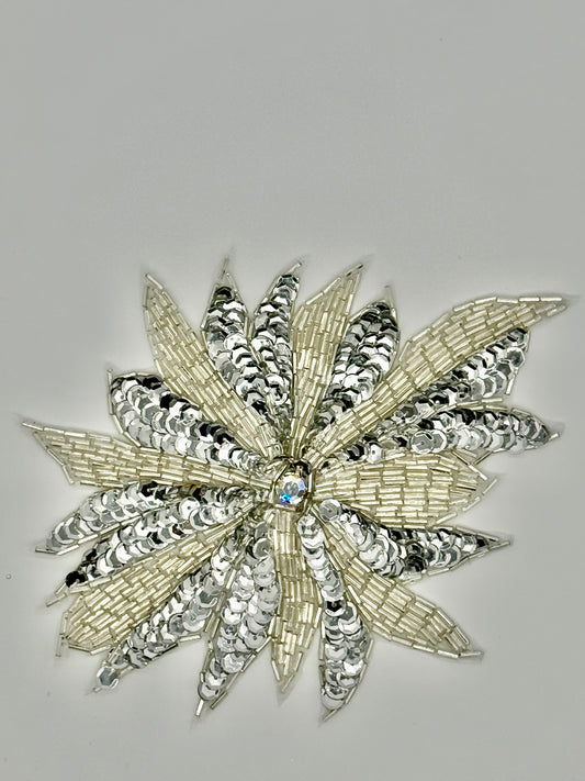 Silver sequins and beading with rhinestone center 5" X 6.5"