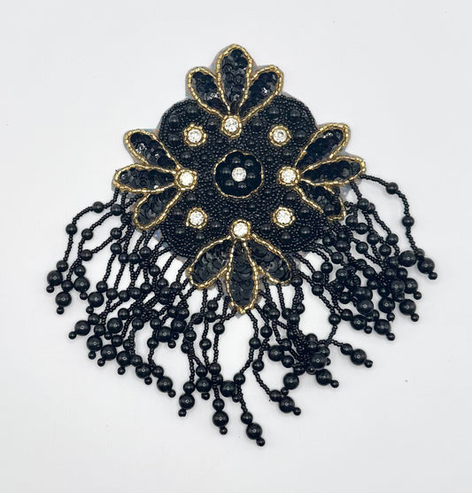 Epaulet with Black and Gold Sequins & Beads and Rhinestones 7.5" x 5"