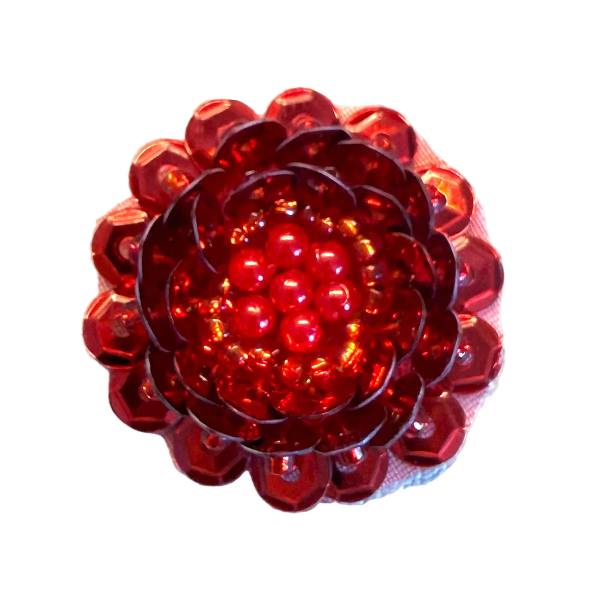Red Sequin Flower Appliqué with Glass Beads & Pearl Center, 1"