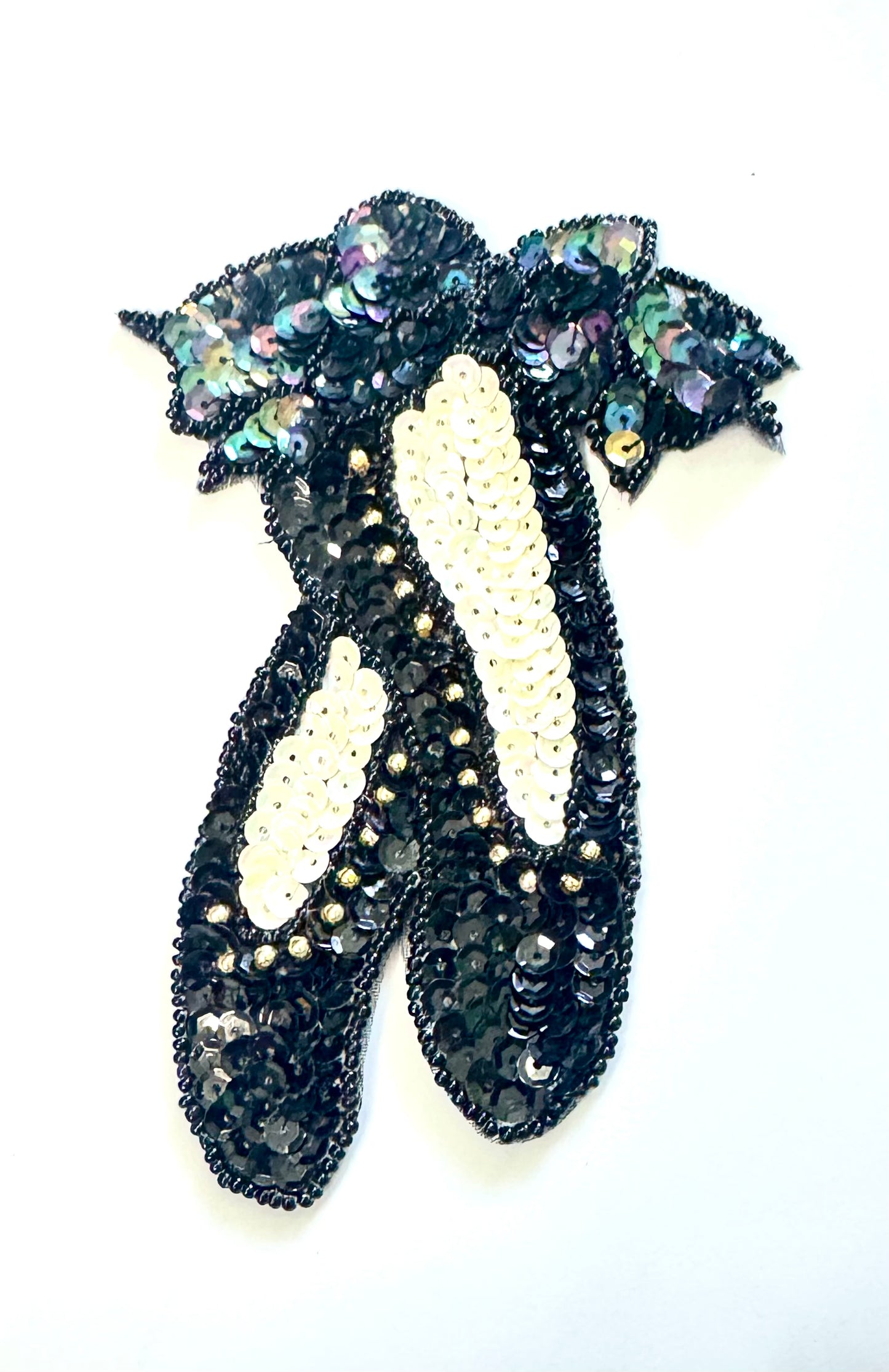 Ballet Slippers with Moonlite, Black and Iridescent White Sequins and Black and Gold Beads 5" x 4"