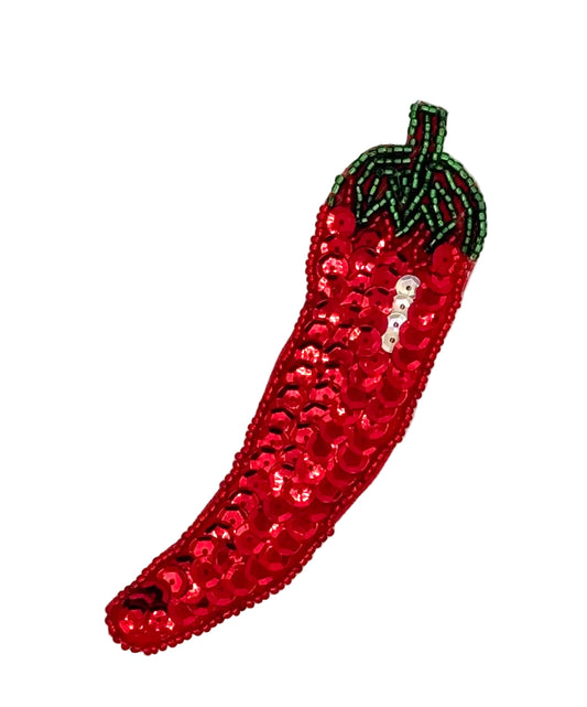Chili Pepper Appliqué - Red Sequins- Green/Red Glass Beads 5" x 1.25"