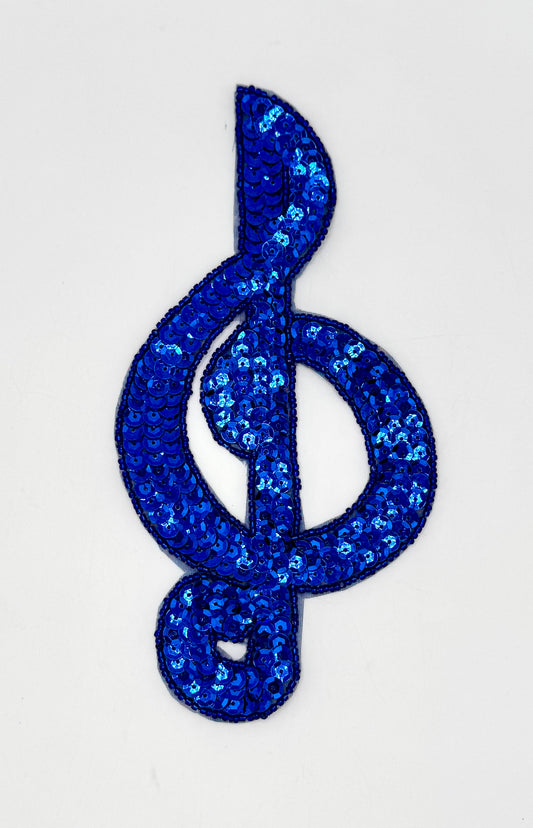 Treble Clef Appliqué with all Royal Blue Sequins and Beads 7.5" x 3.75”