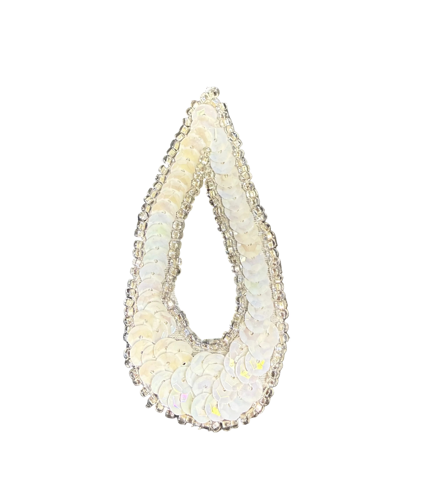 Design Motif Small Teardrop - White Sequins - Silver Beads 1.5" x 3"