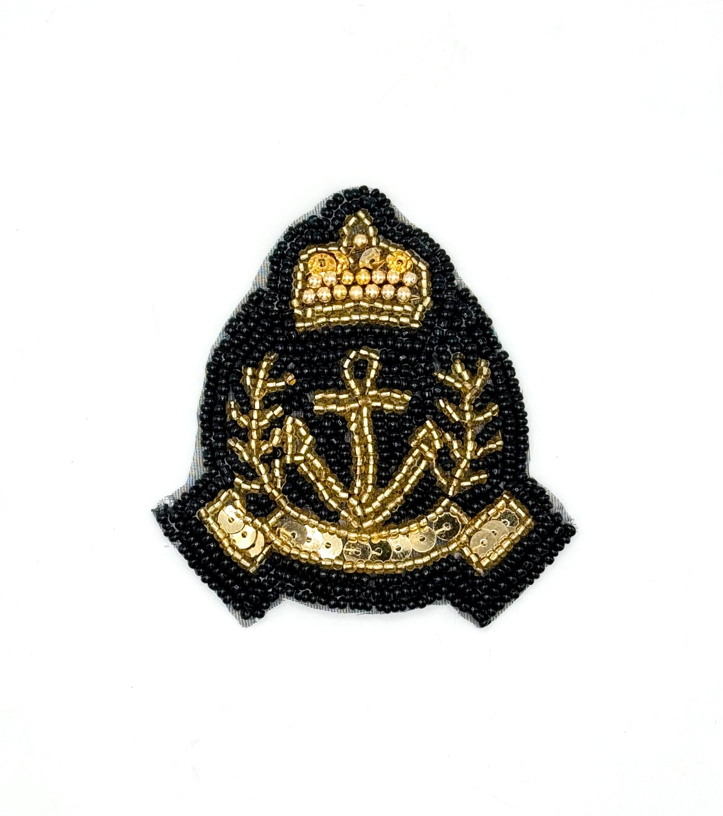 Crest with Anchor, Black and Gold Sequin and Beads 3" x 2.75”