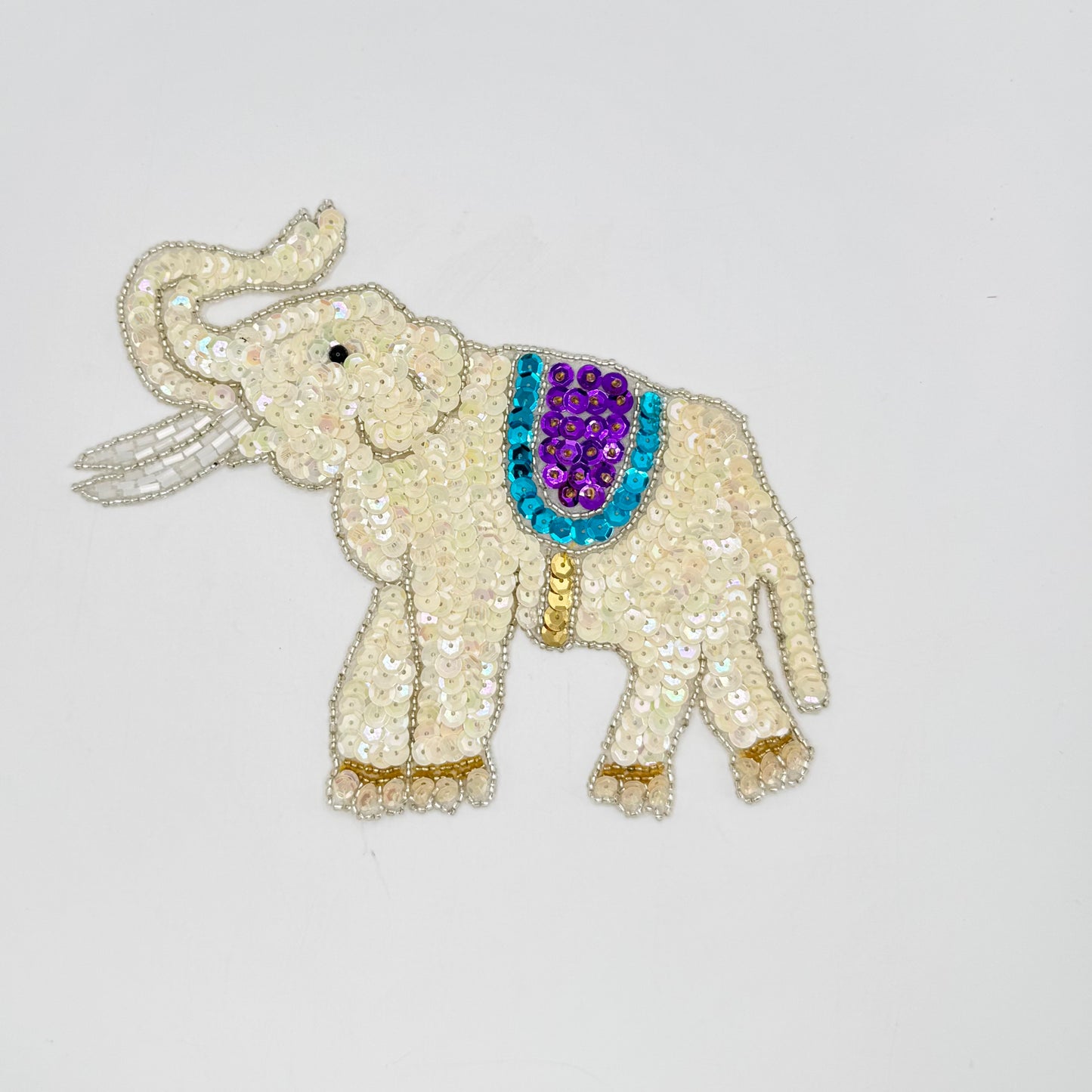Elephant with Iridescent White/Turquoise/Purple Sequins and Silver Beads 7” x 5.5”