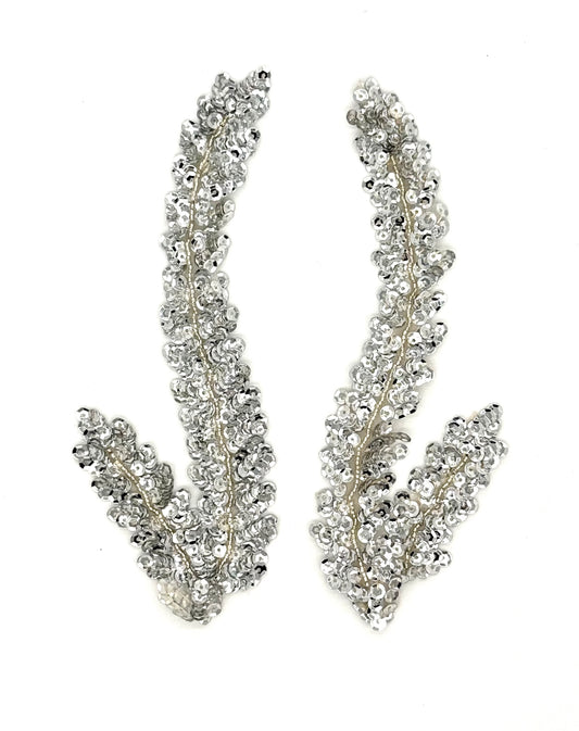 Seaweed Leaf Pair - Silver Sequins/Beads 7.5" x 2.5"