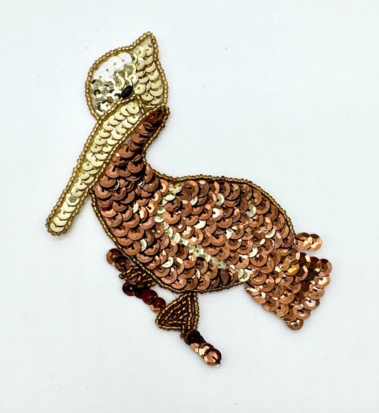Pelican with Gold, Cream and Bronze Sequins - Bronze and Gold Beads 5" x 4.5”