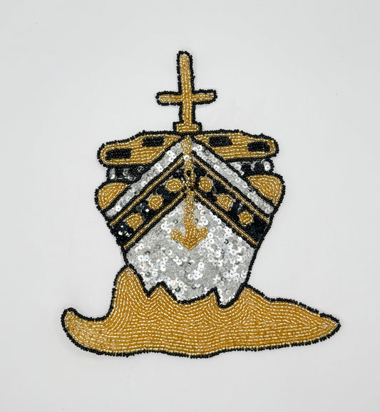 Ship with Mast and Anchor with Silver Sequins and Gold, Black and Silver Beads 8" x 7"
