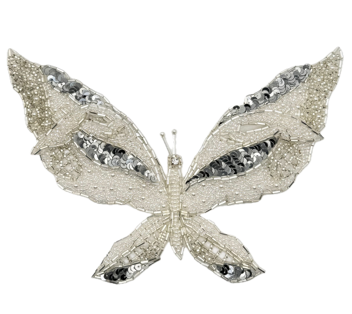 Butterfly with Double Layer White and Silver Beads and Rhinestones 8.25" x 5"