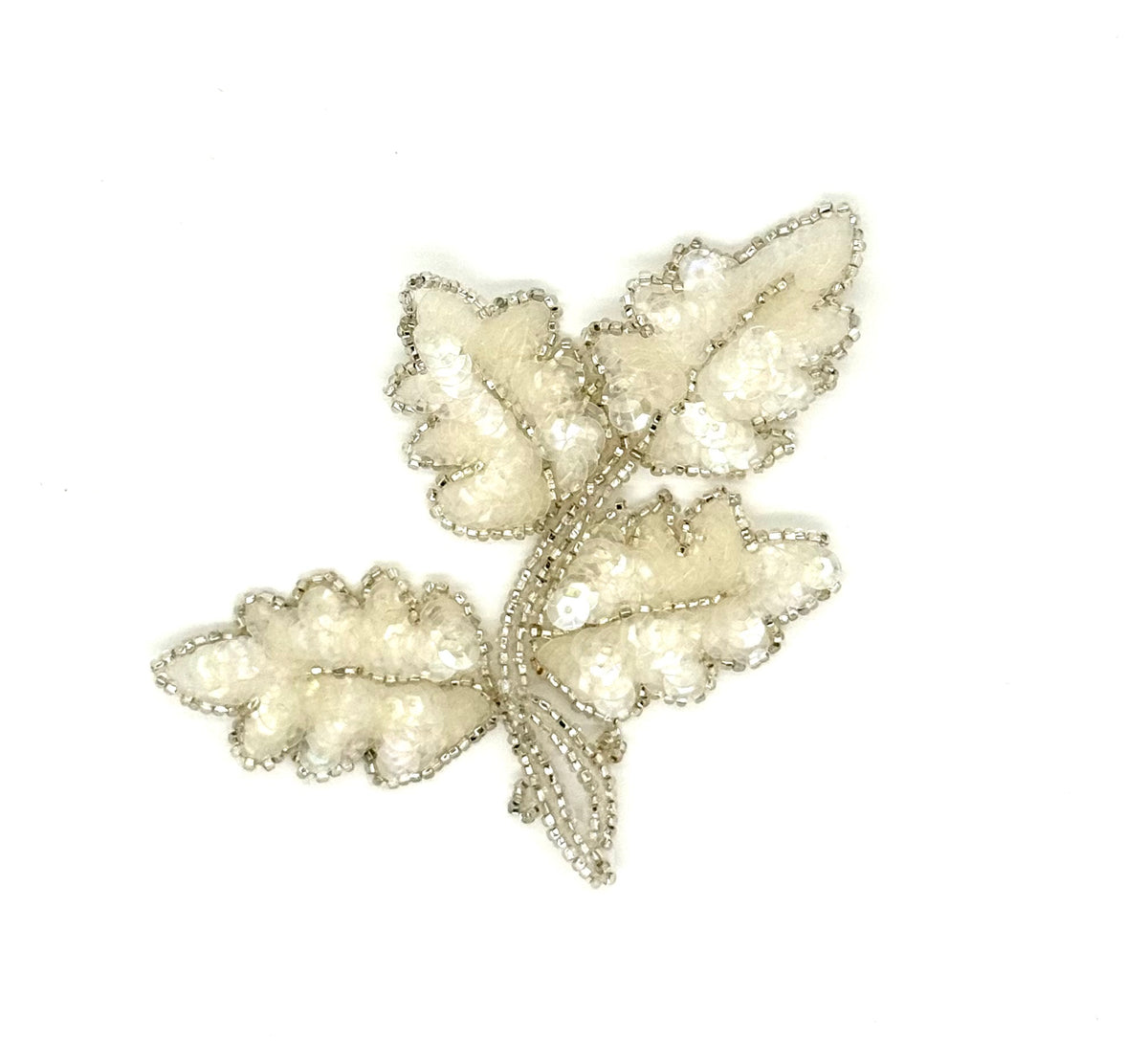 Iridescent Sequin Leaf Pair Appliqué - Silver Beads - 5" x 4"