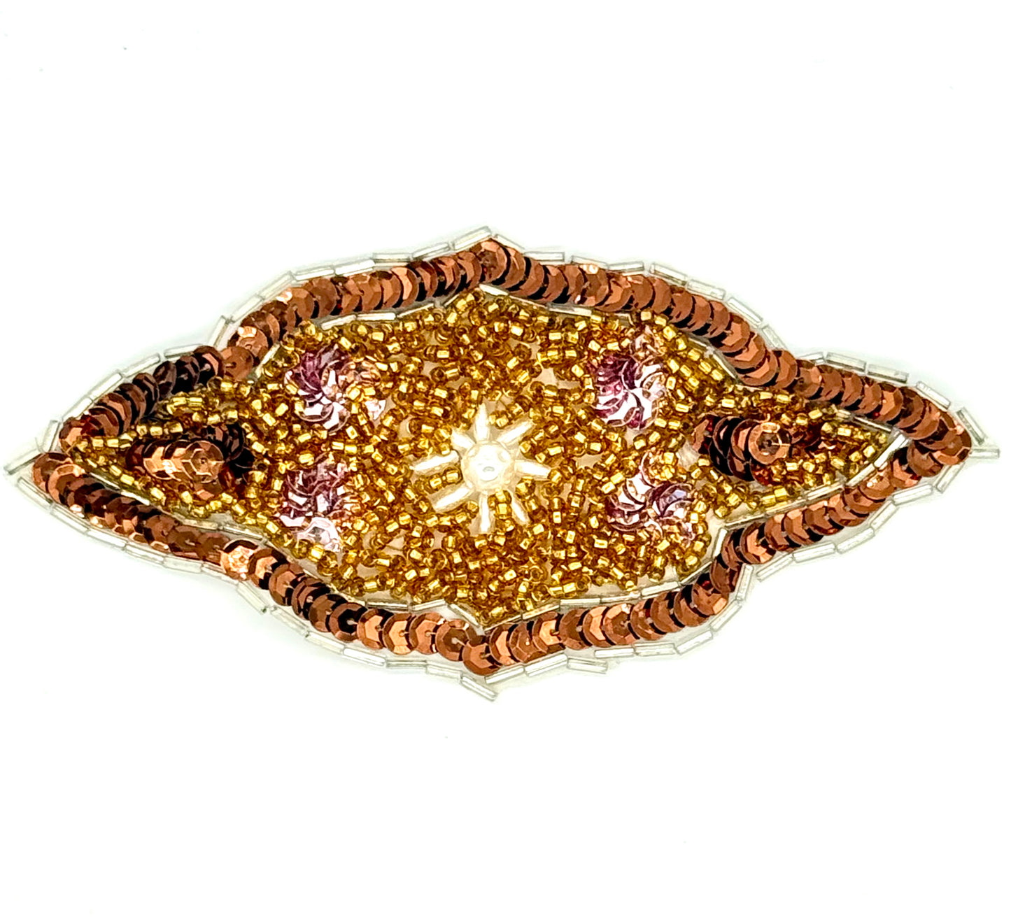 Motivo de diseñador con lentejuelas y abalorios dorados, bronce y rosas, 14 cm x 7,5 cm