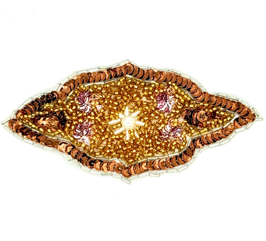 Motivo de diseñador con lentejuelas y abalorios dorados, bronce y rosas, 14 cm x 7,5 cm