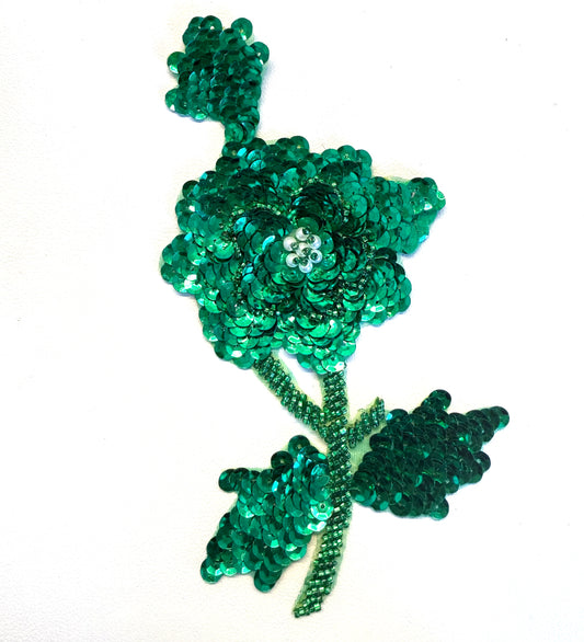 Green Sequin & Beaded Flower Appliqué with Pearl Cluster Center – 7.5" x 4"