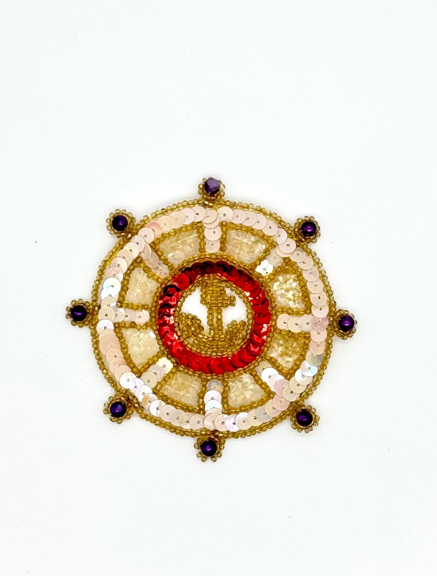 Ship’s Wheel(Helm) with Center Anchor - Choice of Color Red/Blue Center - Sequins/Beads - 3.5” x 3.5”