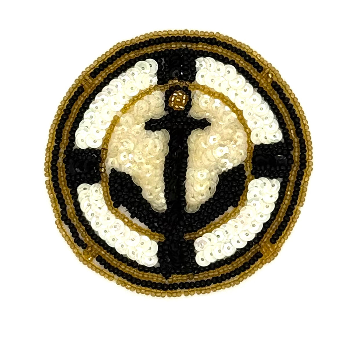 Parche de ancla - Lentejuelas blancas/negras - Cuentas doradas/negras 3.5"