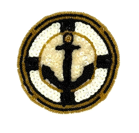 Parche de ancla - Lentejuelas blancas/negras - Cuentas doradas/negras 3.5"