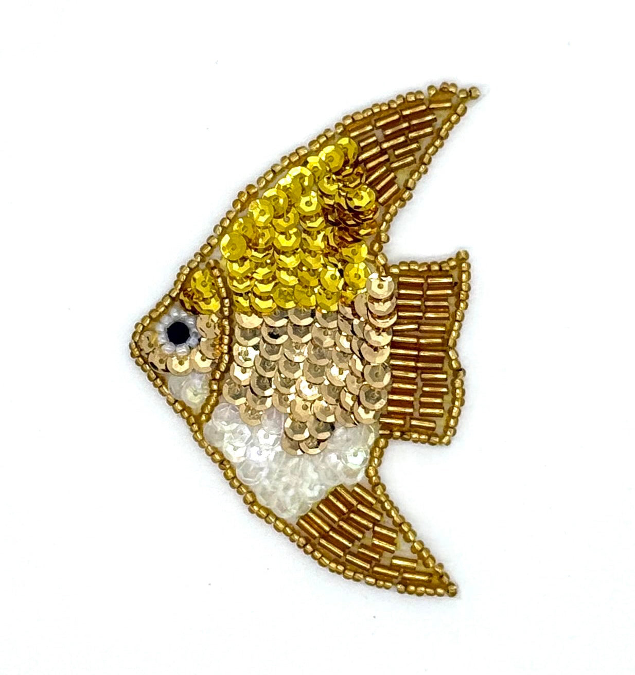 Fish Appliqué - Gold/Bright Gold/Iridescent Gold Sequins - Gold/white/Black Beads - 3.5" x 2.5"