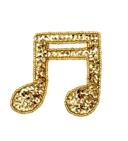 Double Musical Note Appliqué with Gold Sequins and Beads 3" x 2.75”