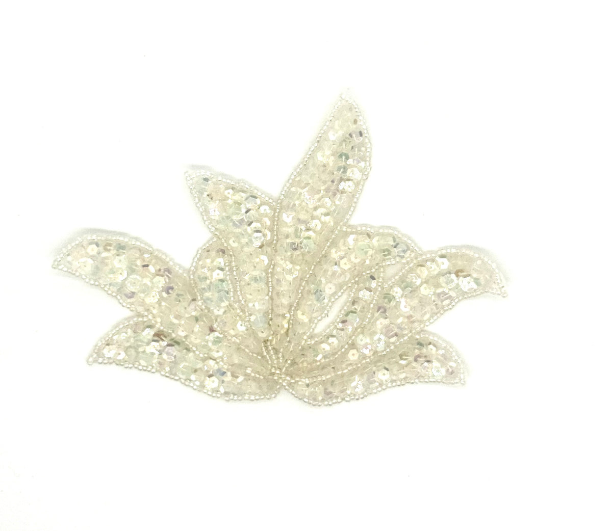 Leaf Pair Applique - Iridescent White Sequins - Glass Beads 6.5" x 4.75"