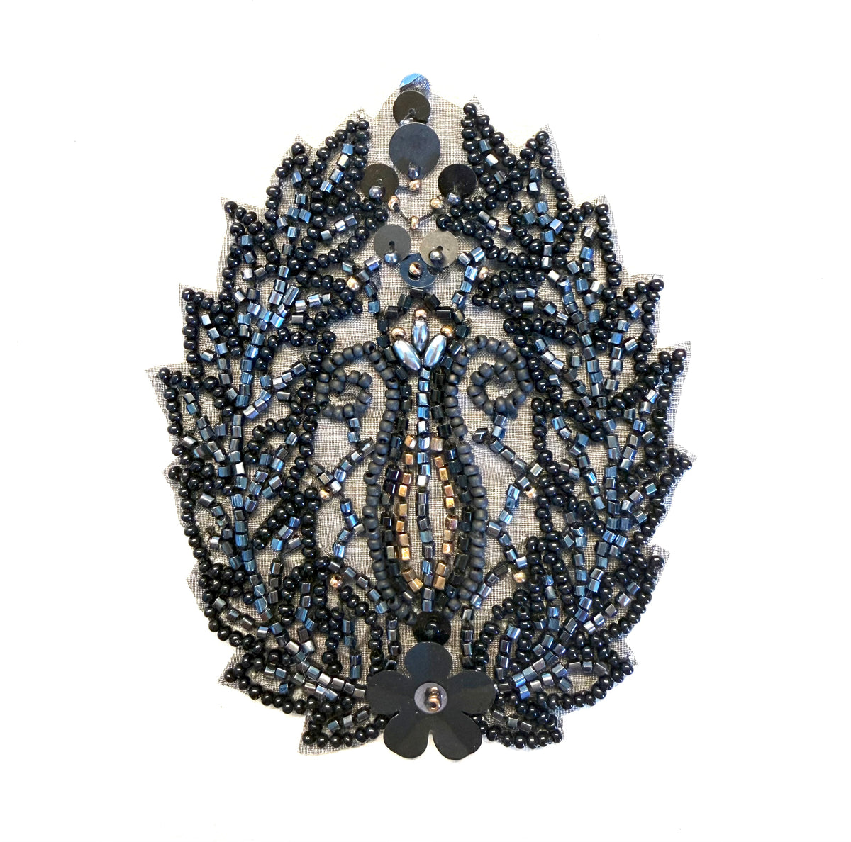 Black, Gunmetal & Bronze Beaded Floral Medallion Appliqué – 4.25" x 3.25"