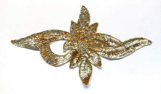 Gold Sequin Flower Appliqué with Glass & Pearl Beads – 13" x 7.25"