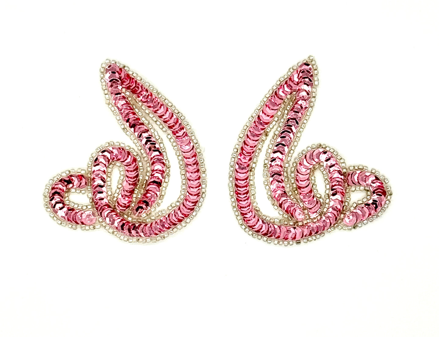 Designer Motif Swirl -Pair or Single - Pink Sequins - Silver Beads 3.5" x 3"