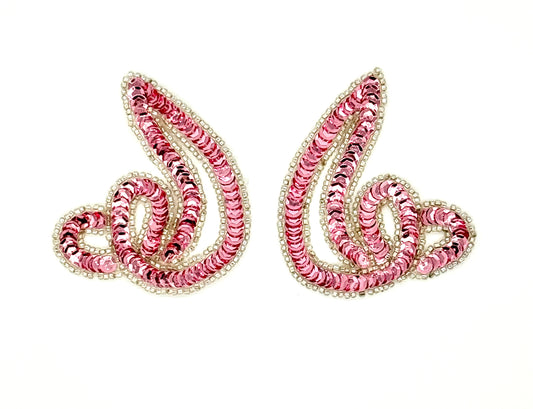 Motivo de diseño en espiral - Par o individual - Lentejuelas rosas - Cuentas plateadas 3.5" x 3"