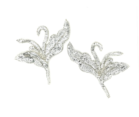 Silver Sequin Flower Appliqué, Pair or Single Left Side, 6 x 6.5 in