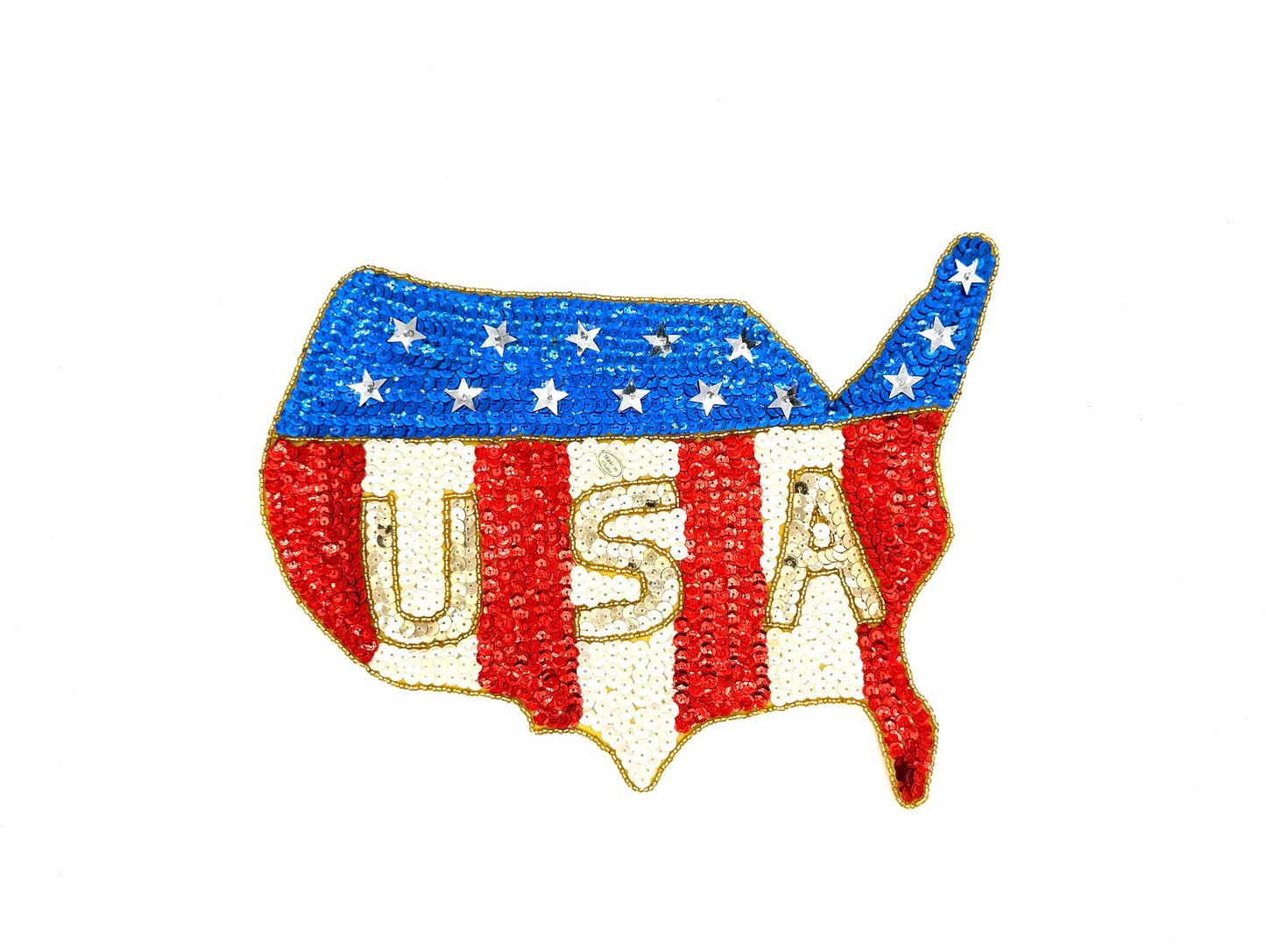 American Flag Appliqué in Shape of USA Map - Multicolored Sequins - Gold Glass Beads - Choice of Size 11” x 9” or 7.5" x 5"