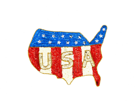American Flag Appliqué in Shape of USA Map - Multicolored Sequins - Gold Glass Beads - Choice of Size 11” x 9” or 7.5" x 5"