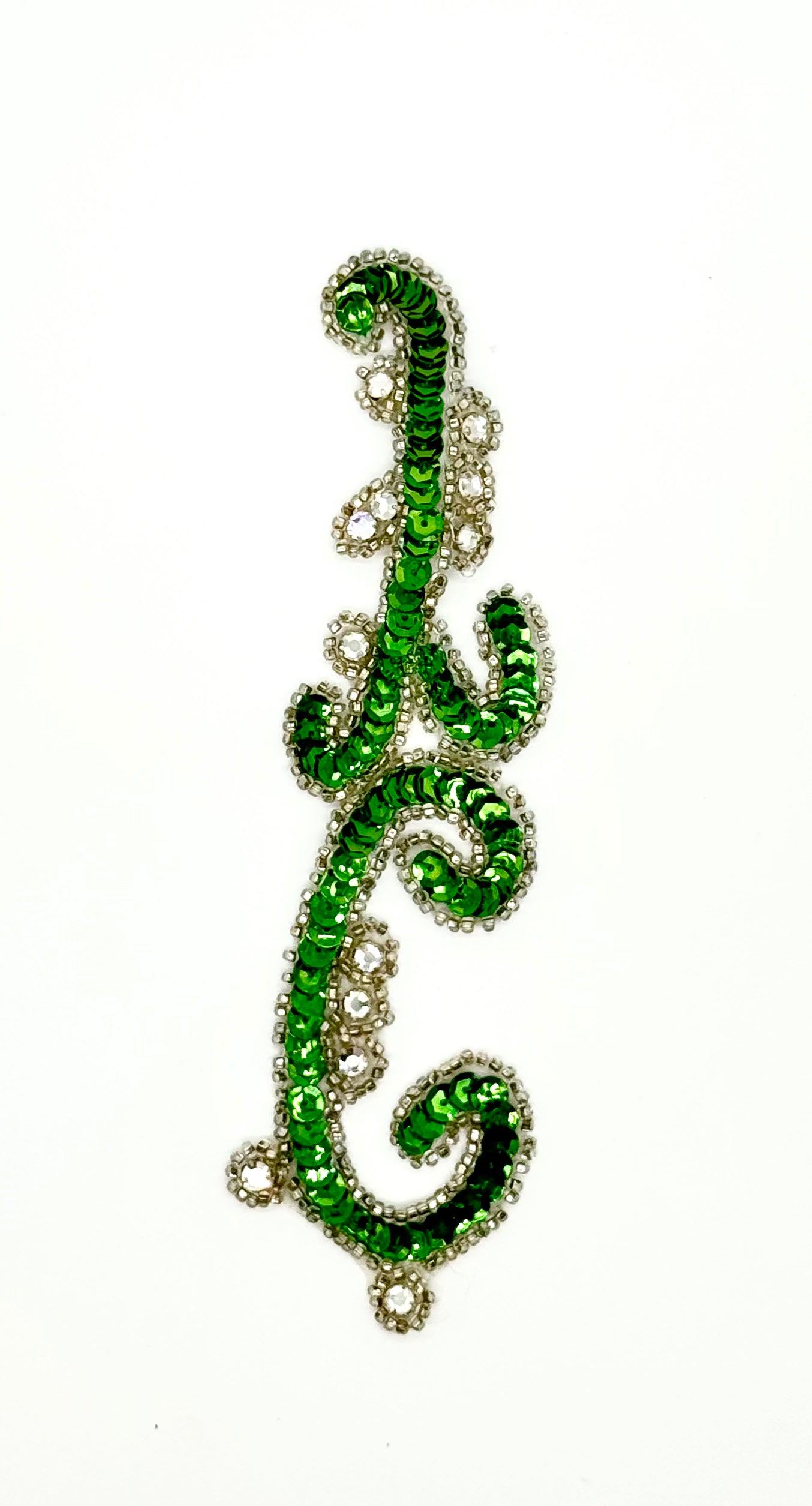 Vintage Designer Motif with Green Sequins and 12 Rhinestones 6.5" x 2"