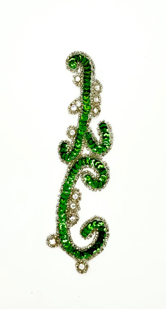 Vintage Designer Motif with Green Sequins and 12 Rhinestones 6.5" x 2"
