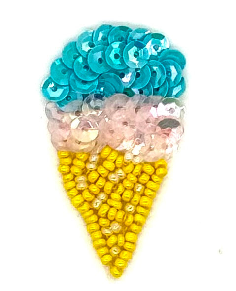 Cono de helado menta, iridiscente, beige y amarillo con lentejuelas y cuentas de 5 x 2,5 cm