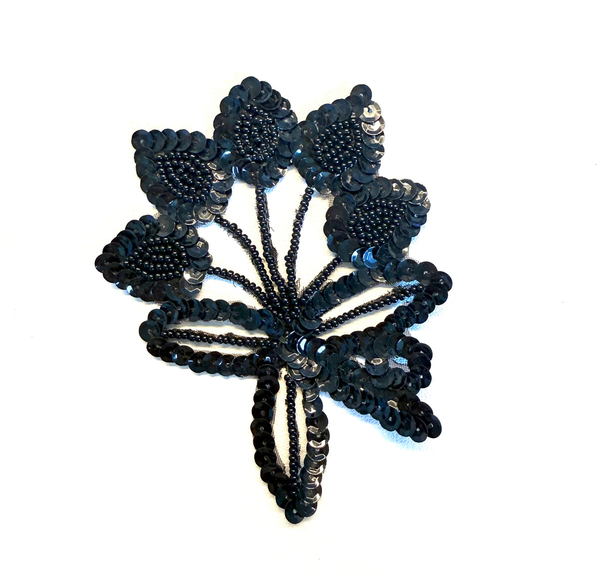 Black Sequin & Glass Bead Flower Appliqué – 4.5" x 3.25"