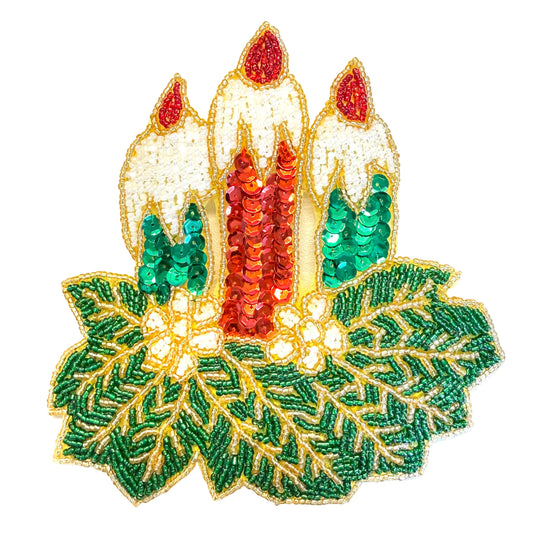 Christmas Candles and Holly Sequin Appliqué with Beads, Two Sizes