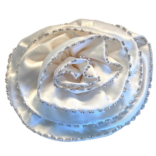 White Satin 3D Flower Appliqué with Tiny AB Beads, 5"