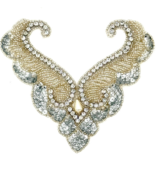 Designer Motif Neckpiece - Silver Sequins - Silver Glass Beads - Pearl -  Rhinestones 6”x 5”