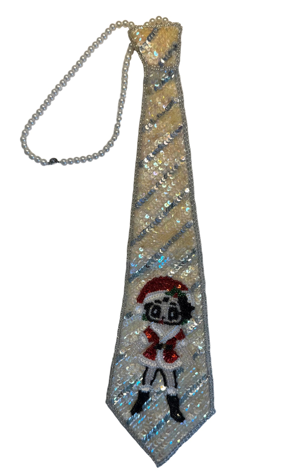 Santa Girl Tie Choker Necklace – Iridescent & Silver Sequins, Beads & Pearl Choker