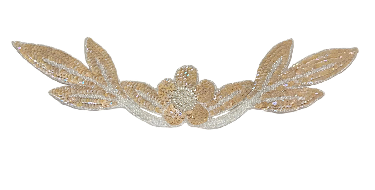 Beige Sequin Floral Neckline Appliqué with White Glass & Pearl Beads — 17" x 4"
