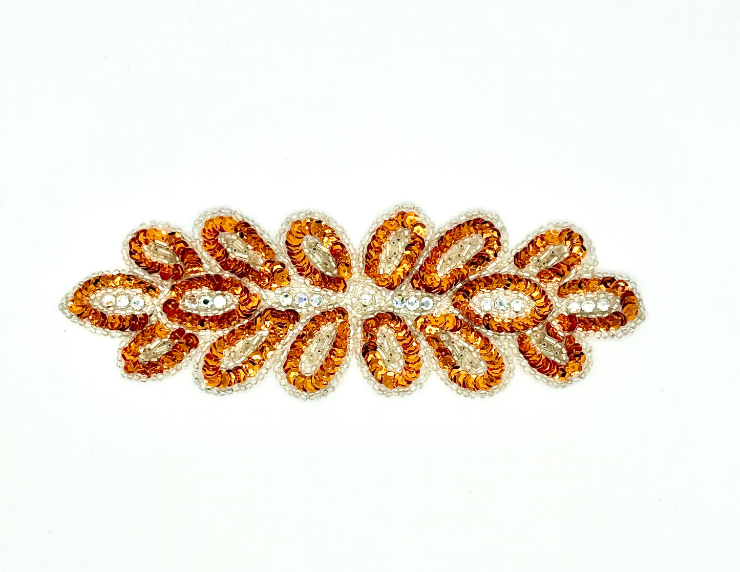 Flower Motif with Brite Orange Sequins and High Quality Rhinestones and Silver beads 8" x 2.5"