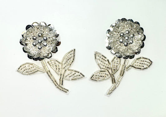 Silver Sequin and Beaded Flower Pair 2.5" X 2"