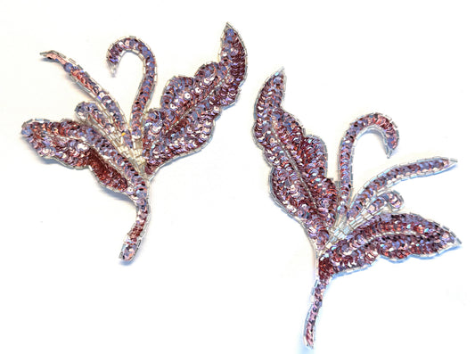 Pink Sequin & Silver Beaded Flower Appliqué, Pair , 6.5" x 6"