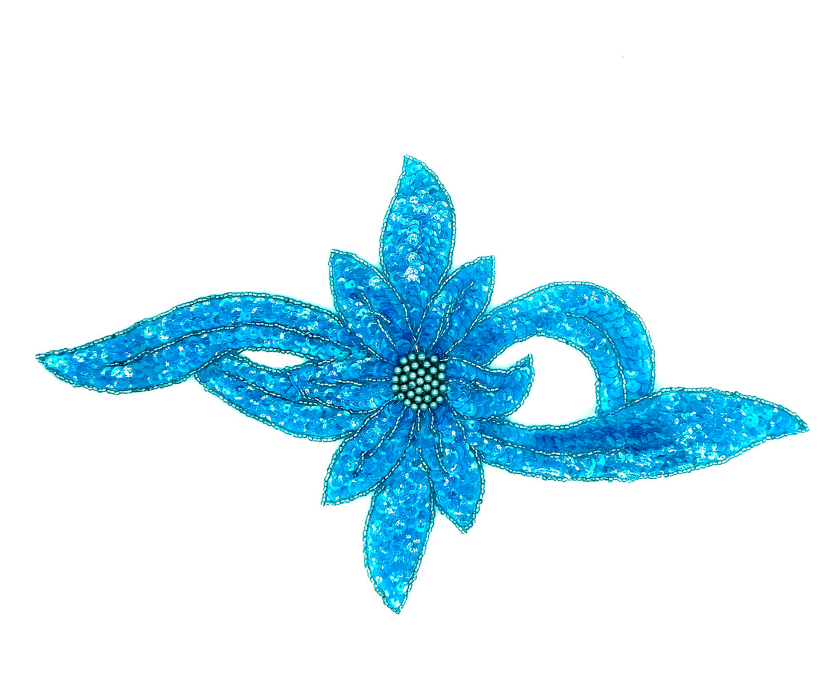 Flower Appliqué - Choice of Light or Dark Turquoise Sequins - Glass Beads 12.5" x 7.5"