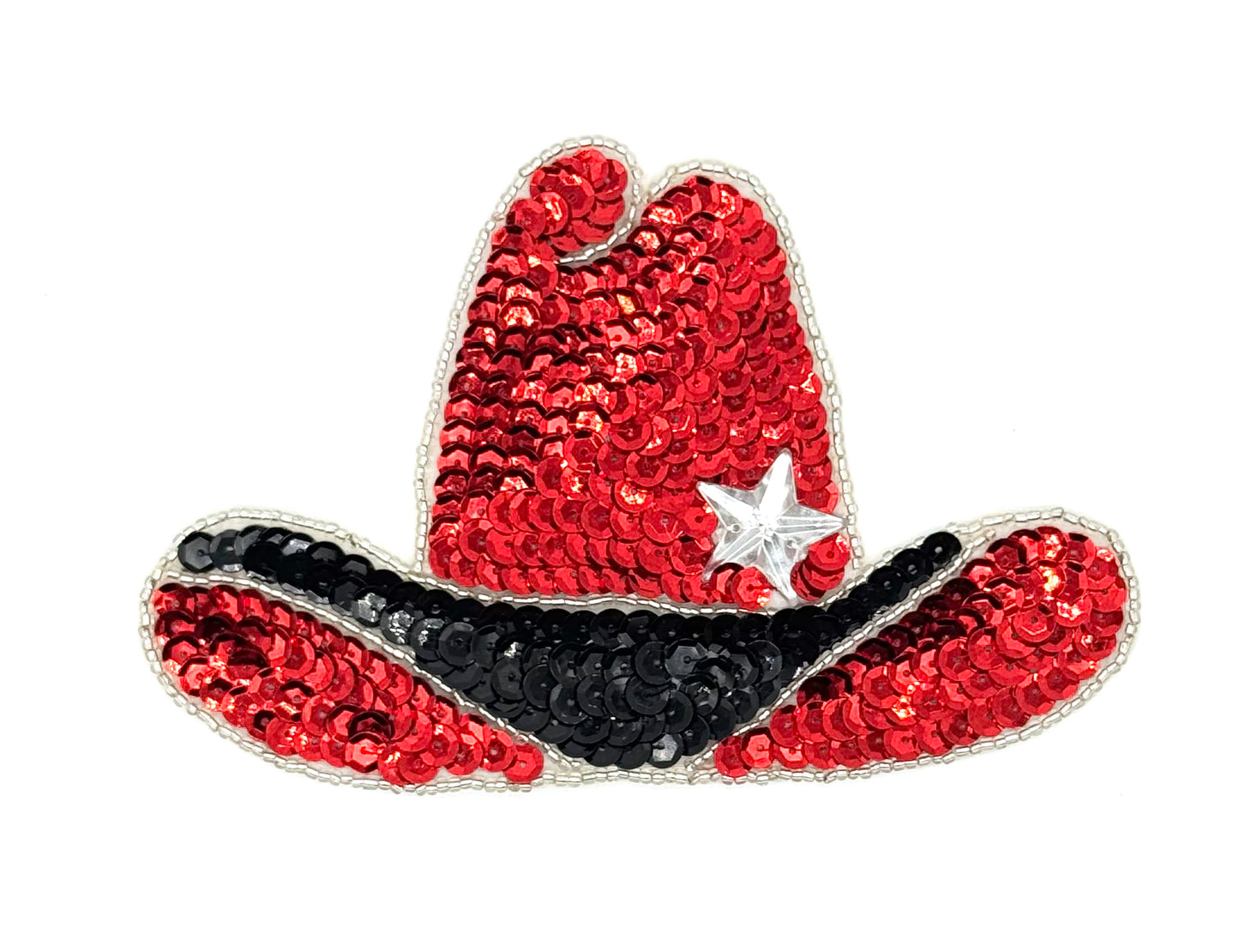 Sombrero de vaquero - Lentejuelas rojas y negras - Cuentas plateadas con una estrella de 6” x 4”
