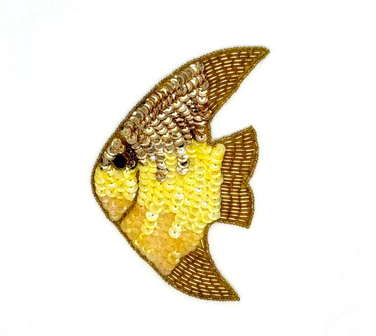 Fish Appliqué - Gold/Yellow Sequins - Gold Beads 5.5" X 3.5"